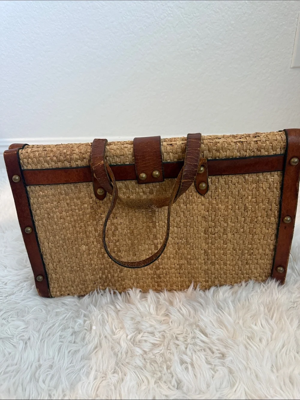 1960’s John Romain Bohemian Straw Attaché Bag  with Brown Leather Trim